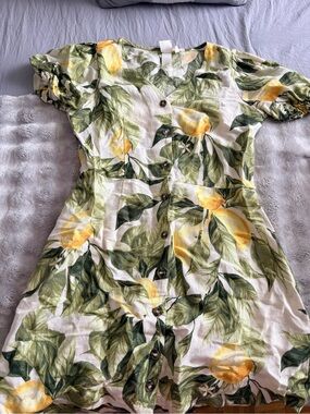 H&M White Linen-Blend Lemon Print Button-Front Dress